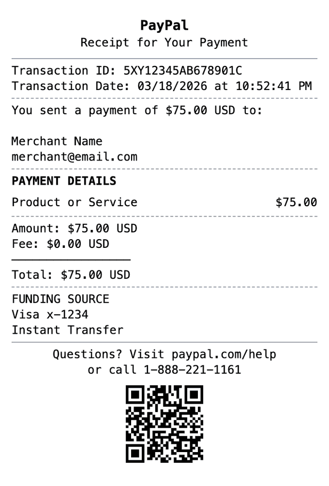 PayPal Receipt receipt example showing paypal format with itemized list, totals, and payment details