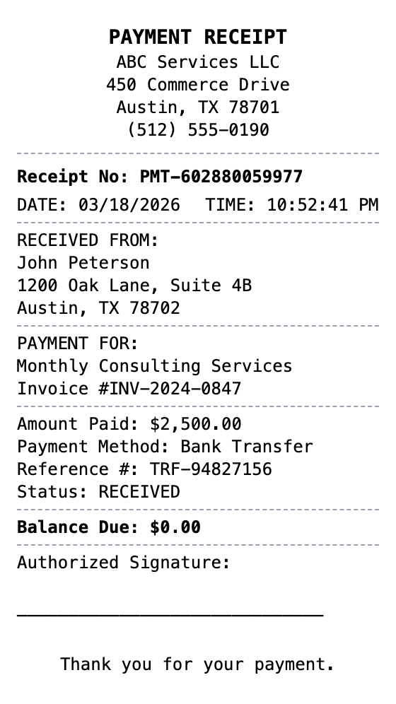Payment Receipt receipt example showing payment format with itemized list, totals, and payment details
