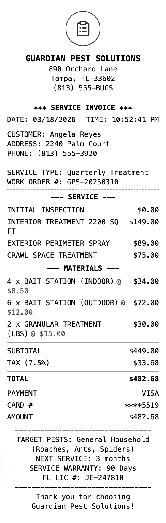 Pest Control Receipt receipt example showing pest-control format with itemized list, totals, and payment details