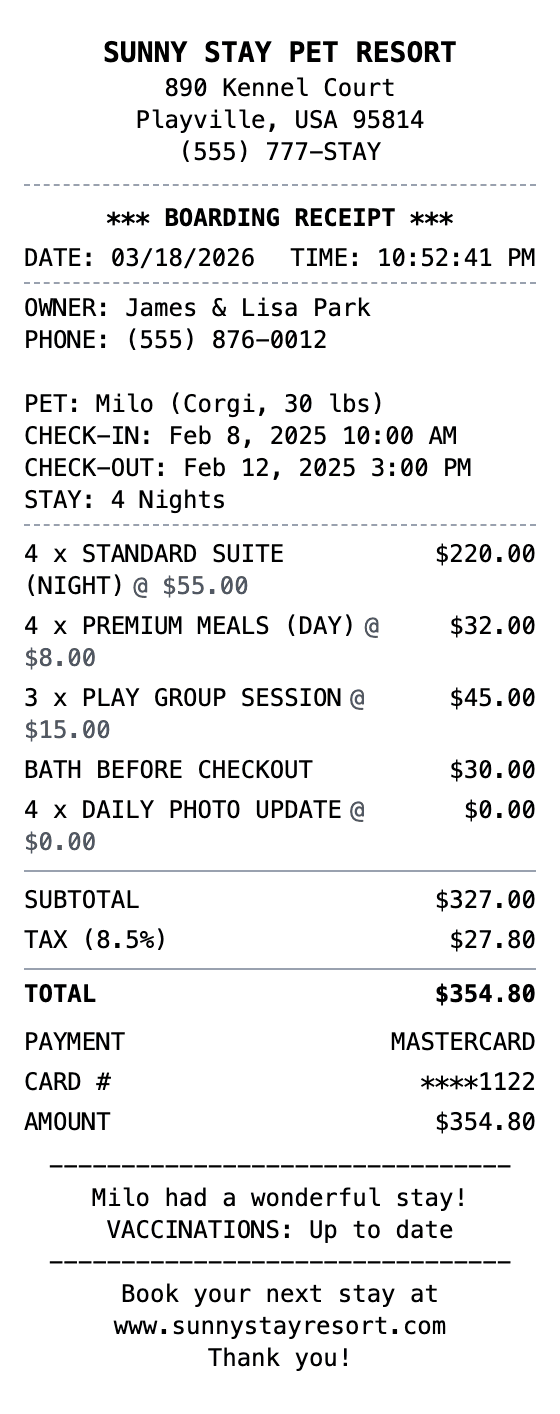 Pet Boarding Receipt receipt example showing pet-boarding format with itemized list, totals, and payment details