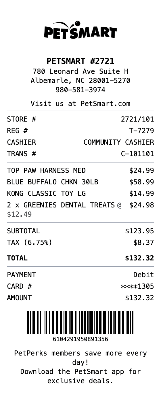 PetSmart Receipt receipt example showing pet-store format with itemized list, totals, and payment details