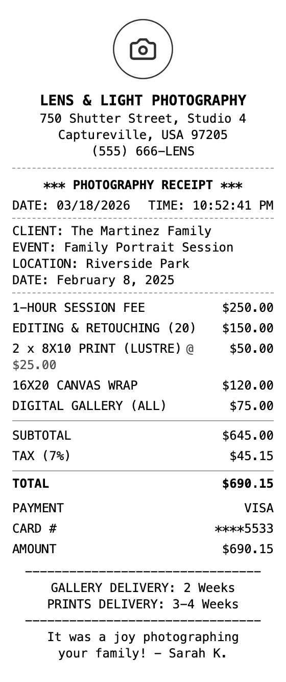 Photography Receipt receipt example showing photography format with itemized list, totals, and payment details