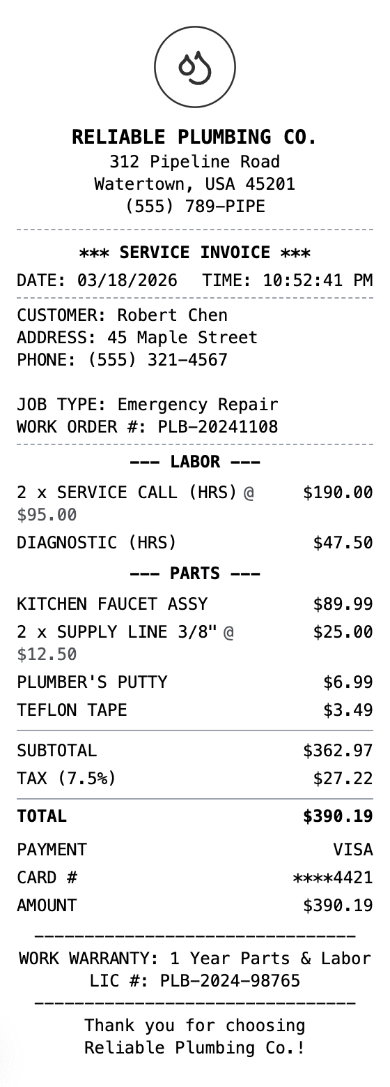 Plumber Receipt receipt example showing plumber format with itemized list, totals, and payment details