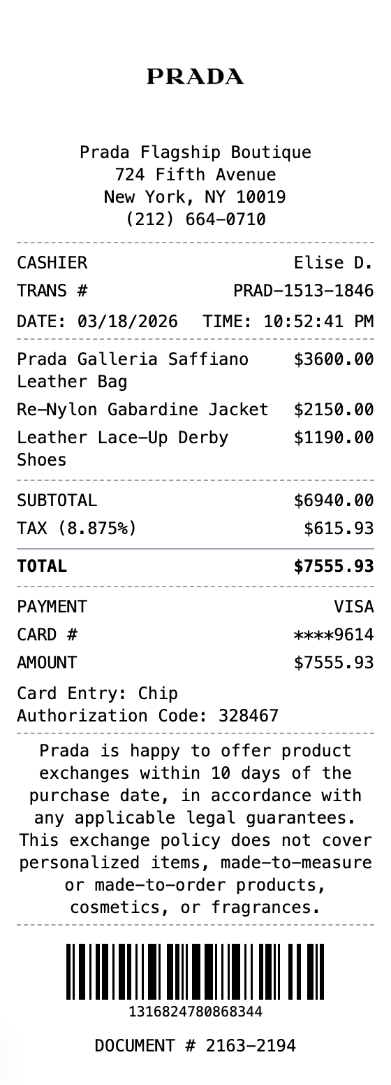 Prada Receipt receipt example showing prada format with itemized list, totals, and payment details
