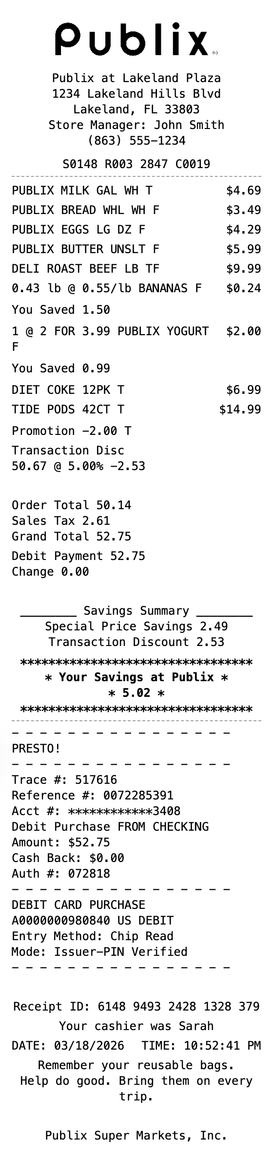 Publix Receipt receipt example showing publix format with itemized list, totals, and payment details