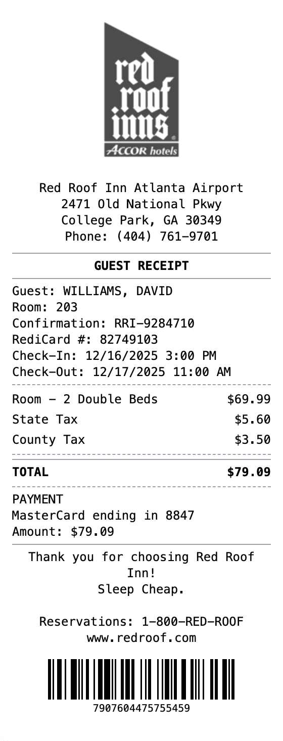 Red Roof Inn Receipt receipt example showing redroof format with itemized list, totals, and payment details