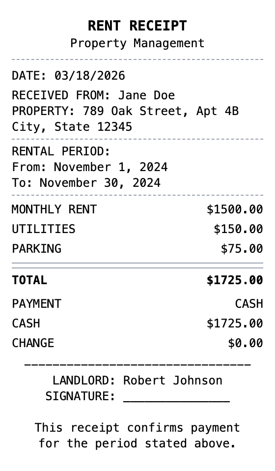 Rent Receipt receipt example showing rent format with itemized list, totals, and payment details