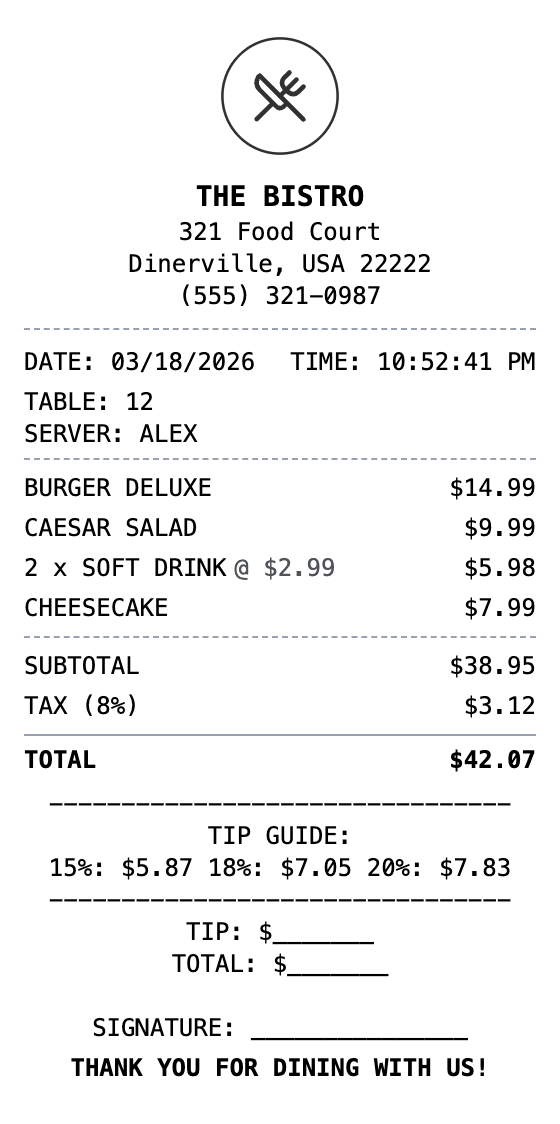 Restaurant Receipt receipt example showing restaurant format with itemized list, totals, and payment details
