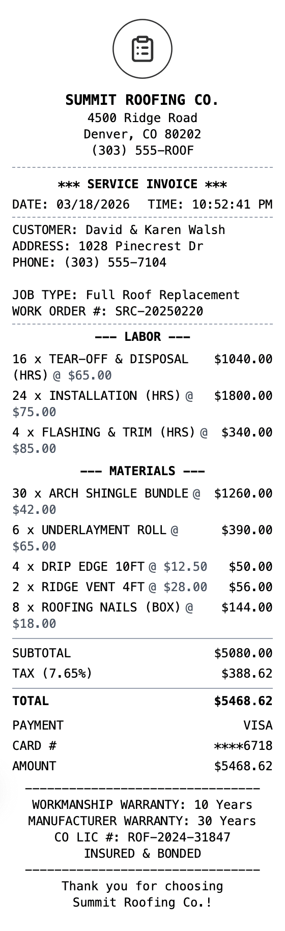 Roofing Receipt receipt example showing roofing format with itemized list, totals, and payment details