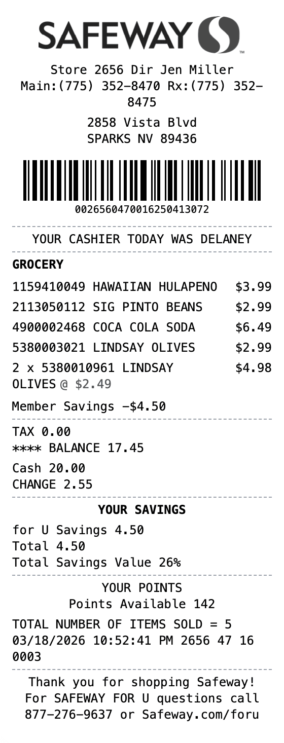 Safeway Receipt receipt example showing grocery format with itemized list, totals, and payment details