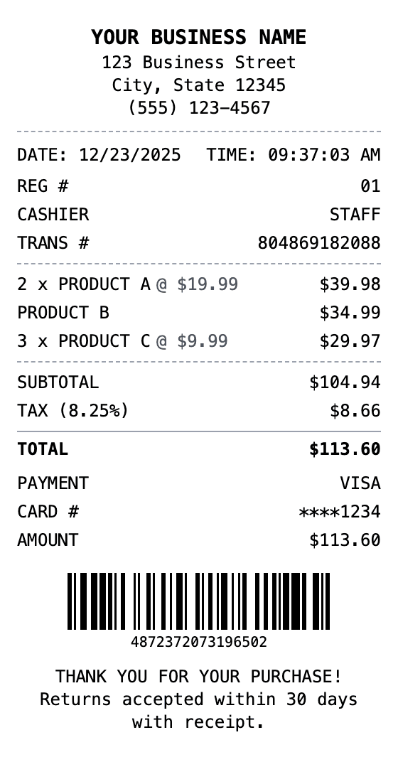 Sales Receipt receipt example showing sales format with itemized list, totals, and payment details