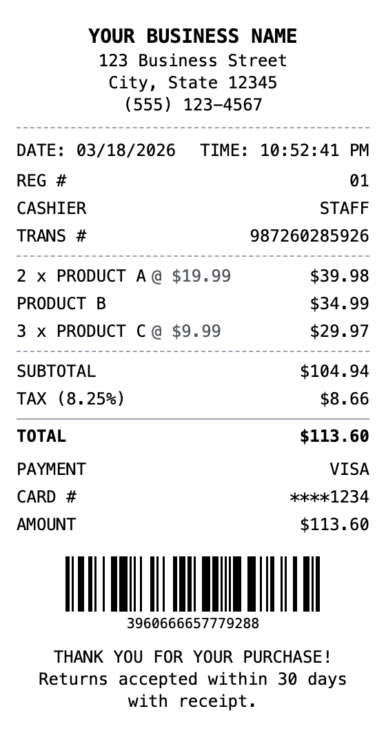 Sales Receipt receipt example showing sales format with itemized list, totals, and payment details