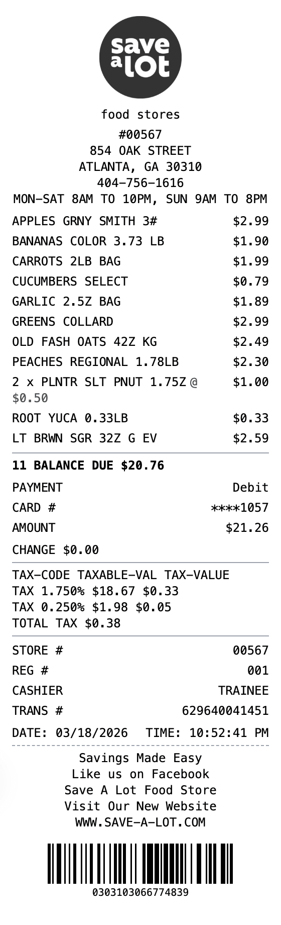 Save-A-Lot Receipt receipt example showing grocery format with itemized list, totals, and payment details