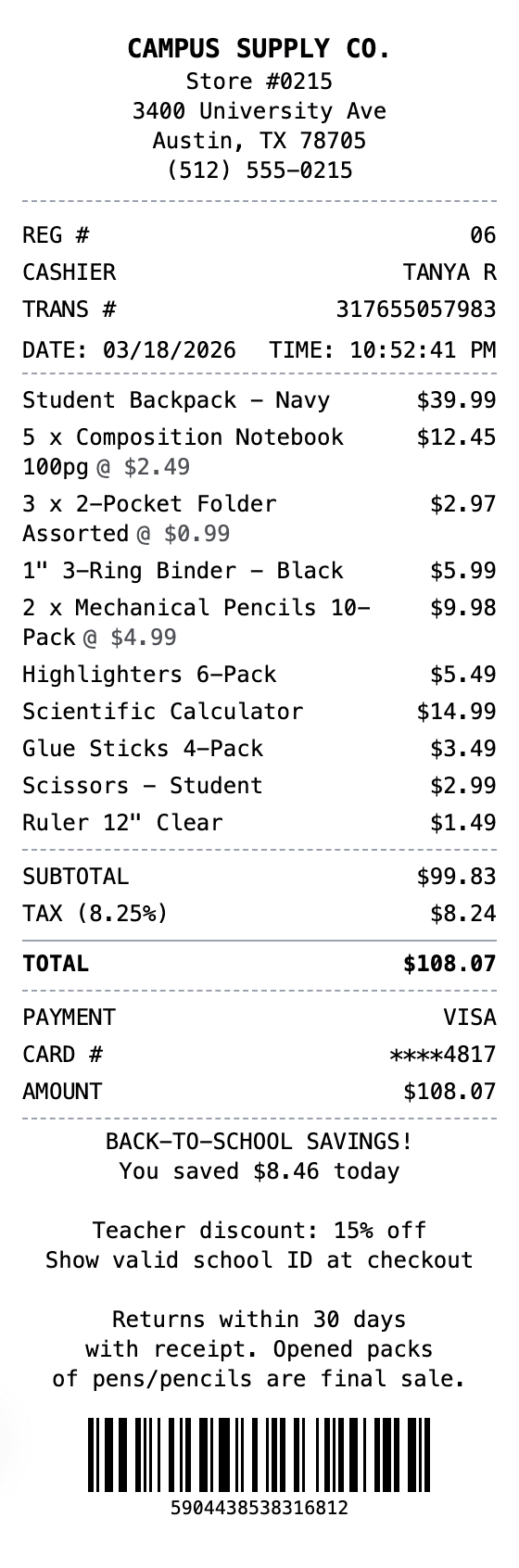 School Supplies Receipt receipt example showing school-supplies format with itemized list, totals, and payment details