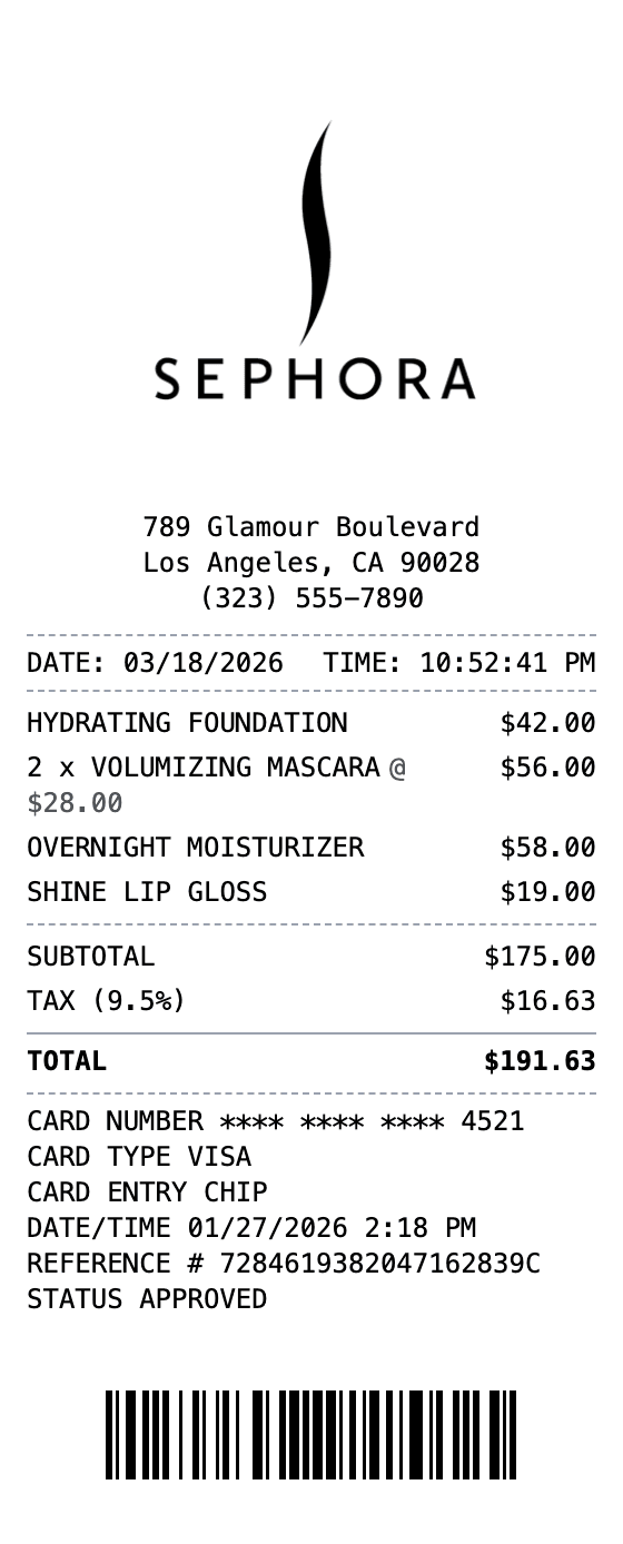 Sephora Receipt receipt example showing sephora format with itemized list, totals, and payment details