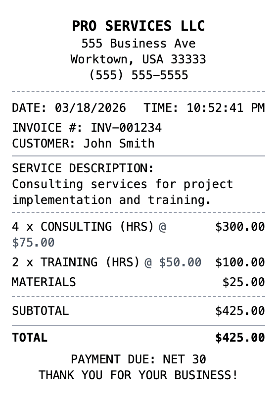 Service Receipt receipt example showing service format with itemized list, totals, and payment details