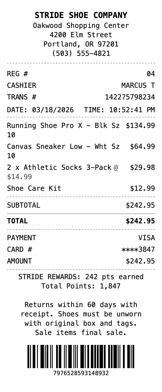Shoes Receipt receipt example showing shoes format with itemized list, totals, and payment details