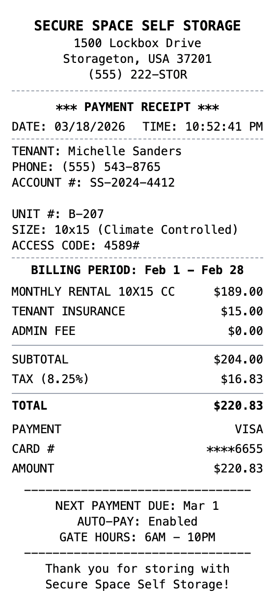 Storage Unit Receipt receipt example showing storage format with itemized list, totals, and payment details