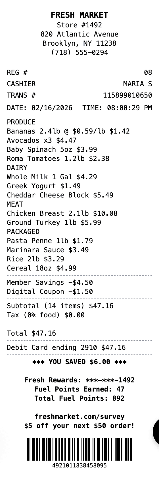 Supermarket Receipt receipt example showing supermarket format with itemized list, totals, and payment details