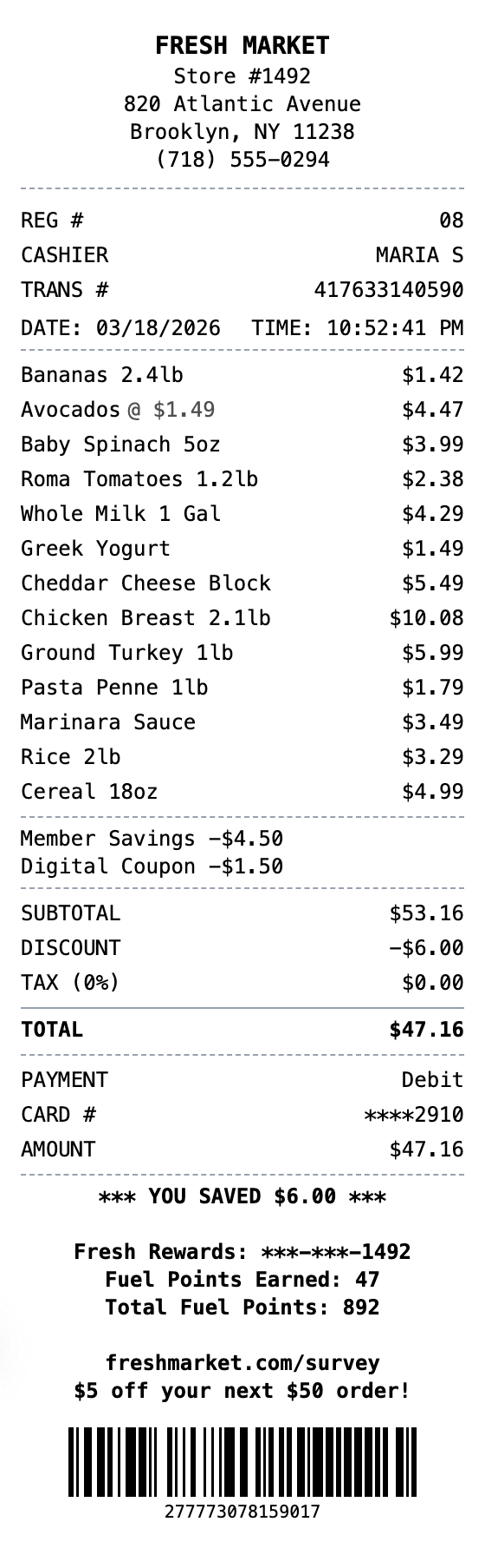 Supermarket Receipt receipt example showing supermarket format with itemized list, totals, and payment details