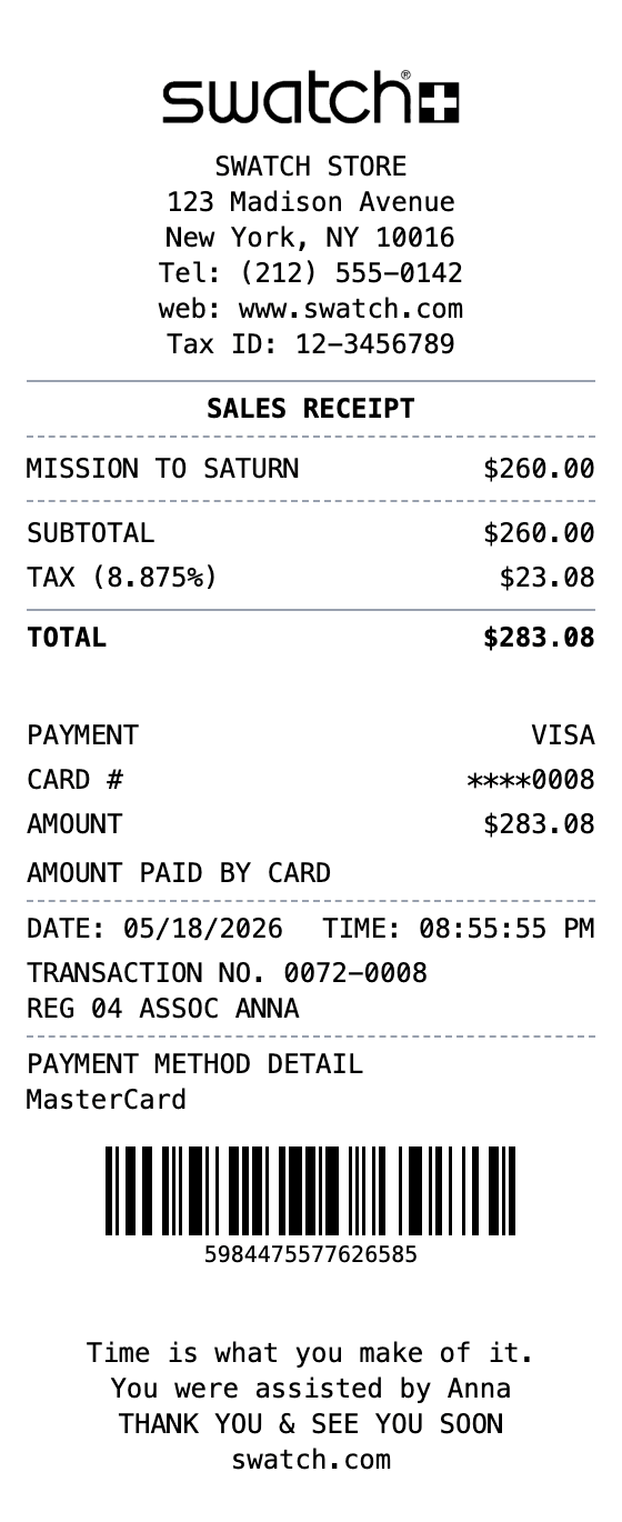 Swatch Receipt receipt example showing swatch format with itemized list, totals, and payment details