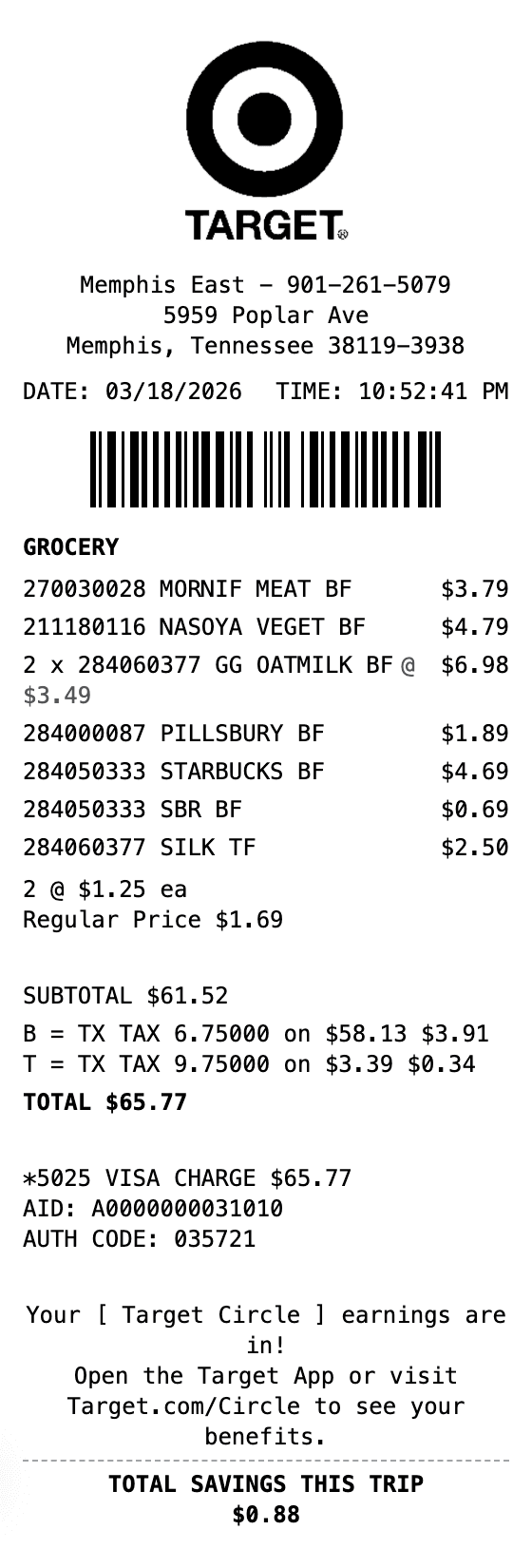 Target Receipt receipt example showing big-box format with itemized list, totals, and payment details