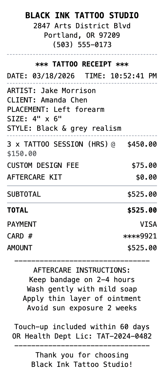 Tattoo Receipt receipt example showing tattoo format with itemized list, totals, and payment details