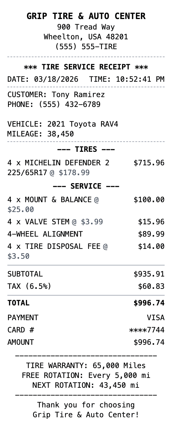 Tire Shop Receipt receipt example showing tire-shop format with itemized list, totals, and payment details