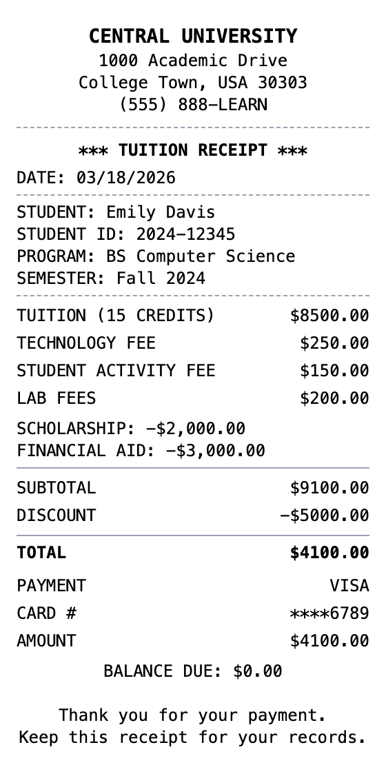 Tuition Receipt receipt example showing tuition format with itemized list, totals, and payment details