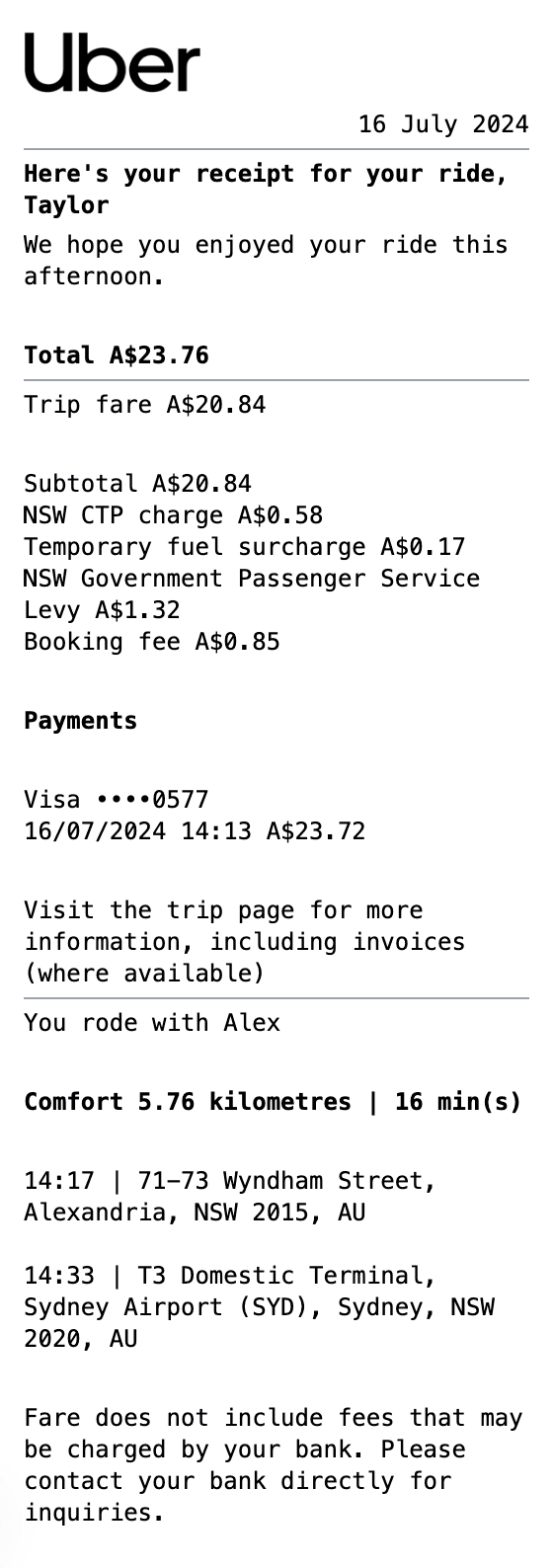 Uber Receipt receipt example showing big-box format with itemized list, totals, and payment details