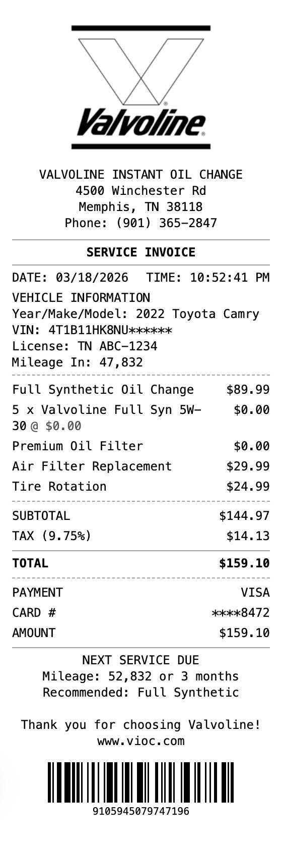 Valvoline Receipt receipt example showing valvoline format with itemized list, totals, and payment details