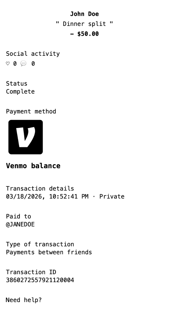 Venmo Receipt receipt example showing venmo format with itemized list, totals, and payment details