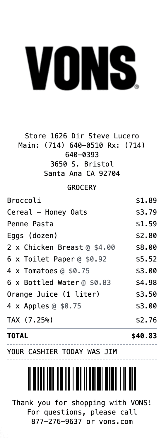 Vons Receipt receipt example showing vons format with itemized list, totals, and payment details
