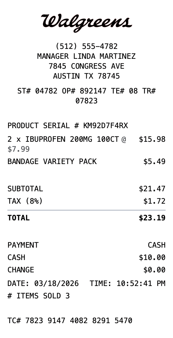 Walgreens Receipt receipt example showing walgreens format with itemized list, totals, and payment details