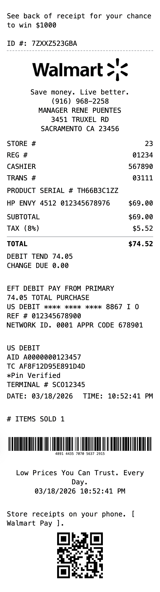 Walmart Receipt receipt example showing big-box format with itemized list, totals, and payment details