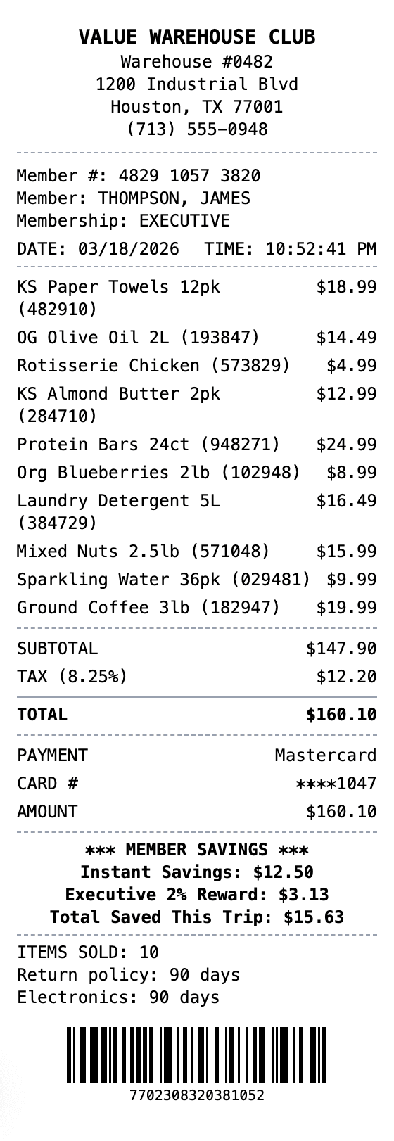 Warehouse Club Receipt receipt example showing warehouse-club format with itemized list, totals, and payment details