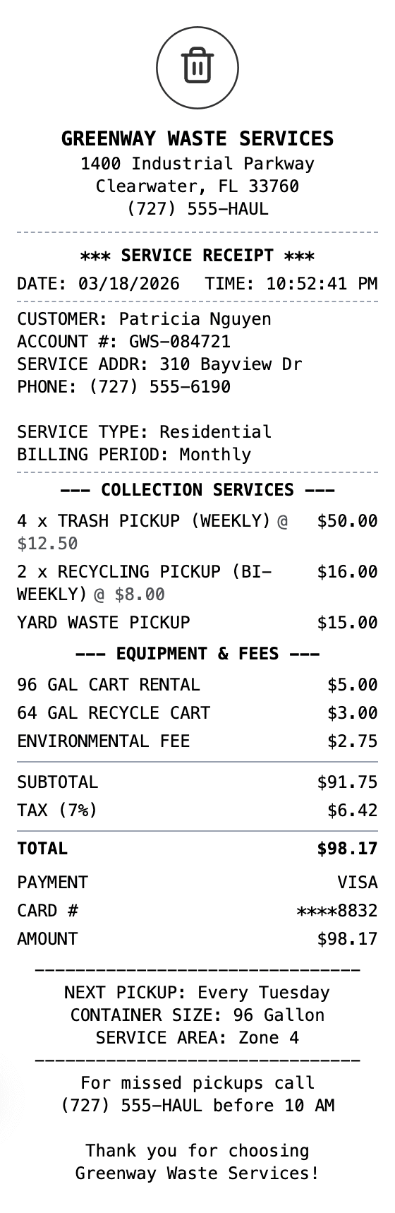 Waste Management Receipt receipt example showing waste-management format with itemized list, totals, and payment details