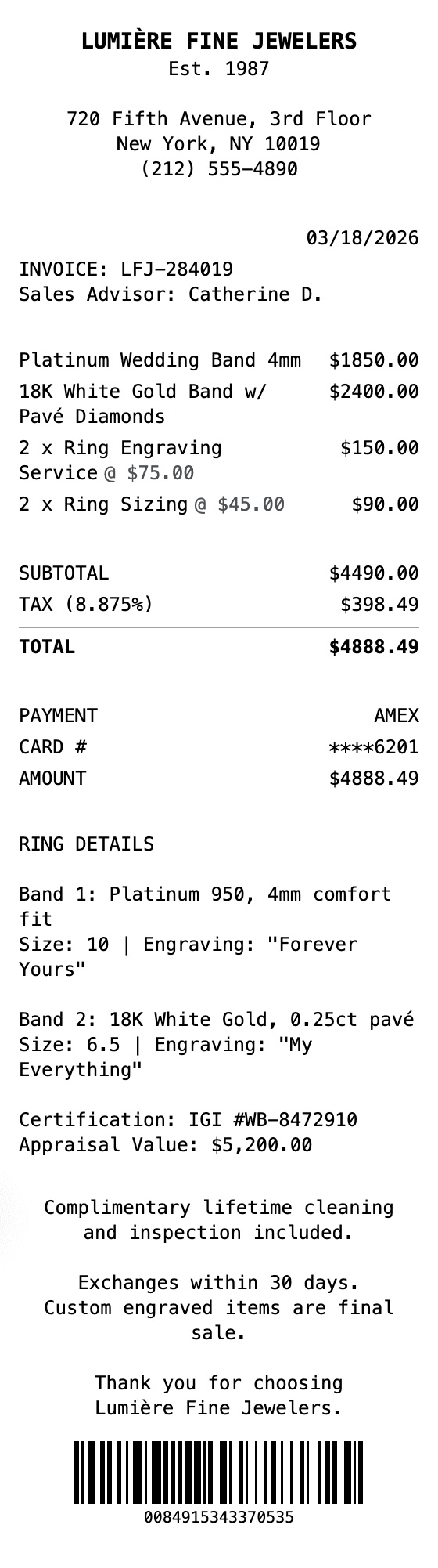 Wedding Ring Receipt receipt example showing wedding-ring format with itemized list, totals, and payment details