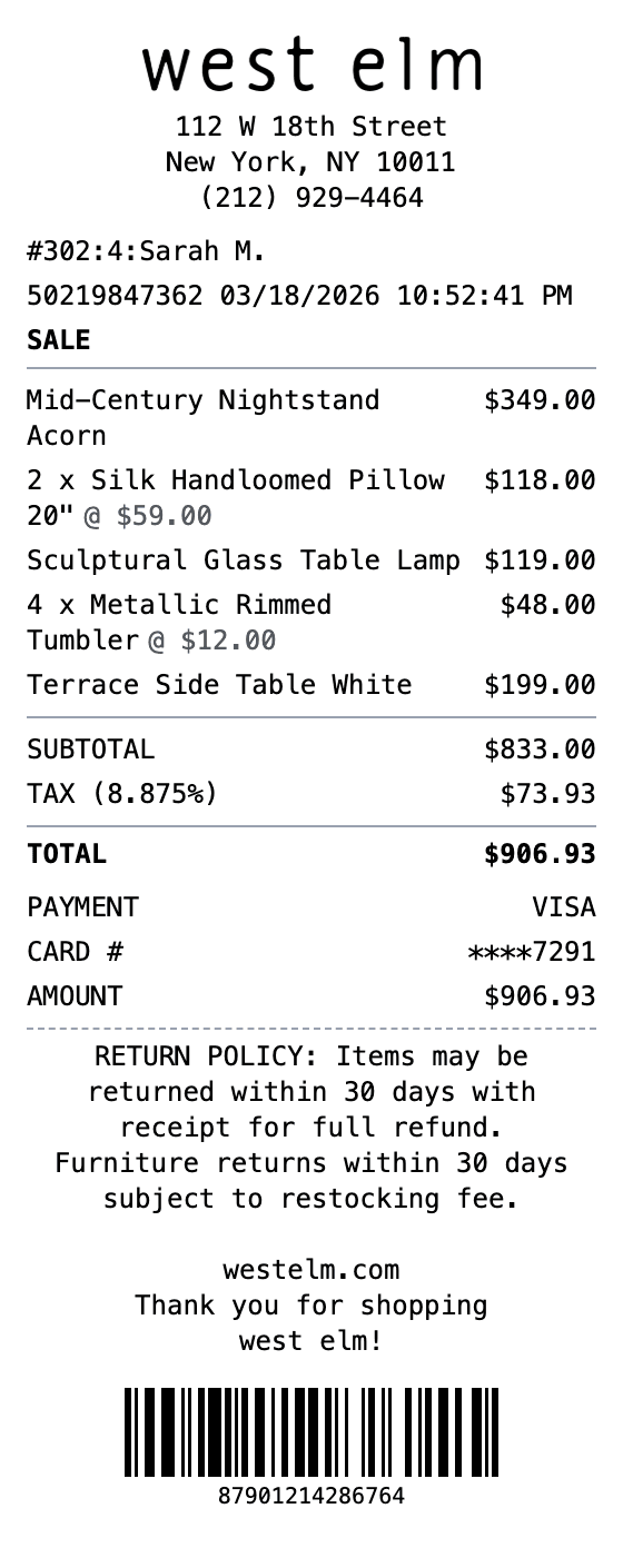 West Elm Receipt receipt example showing west-elm format with itemized list, totals, and payment details