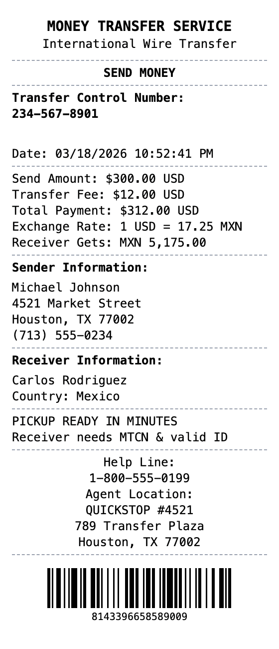 Western Union Receipt receipt example showing western-union format with itemized list, totals, and payment details