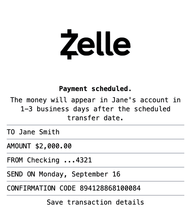 Zelle Receipt receipt example showing zelle format with itemized list, totals, and payment details