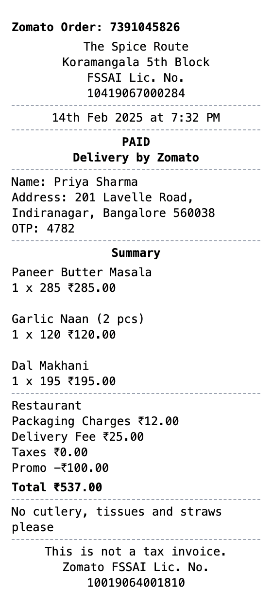Zomato Receipt receipt example showing zomato format with itemized list, totals, and payment details