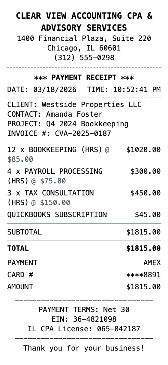 Accounting Receipt example showing accounting format with itemized list, totals, and payment details