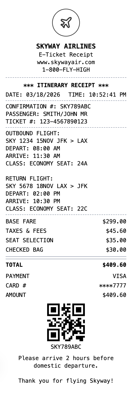 Airline Receipt example showing airline format with itemized list, totals, and payment details