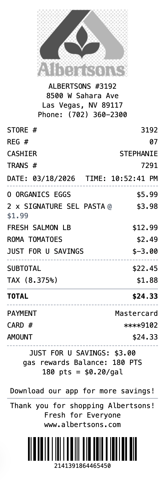 Albertsons Receipt example showing albertsons format with itemized list, totals, and payment details