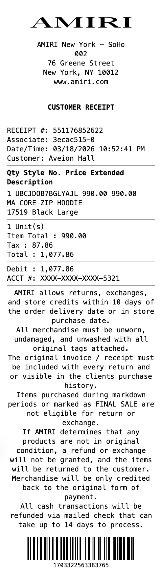 Amiri Receipt example showing amiri format with itemized list, totals, and payment details
