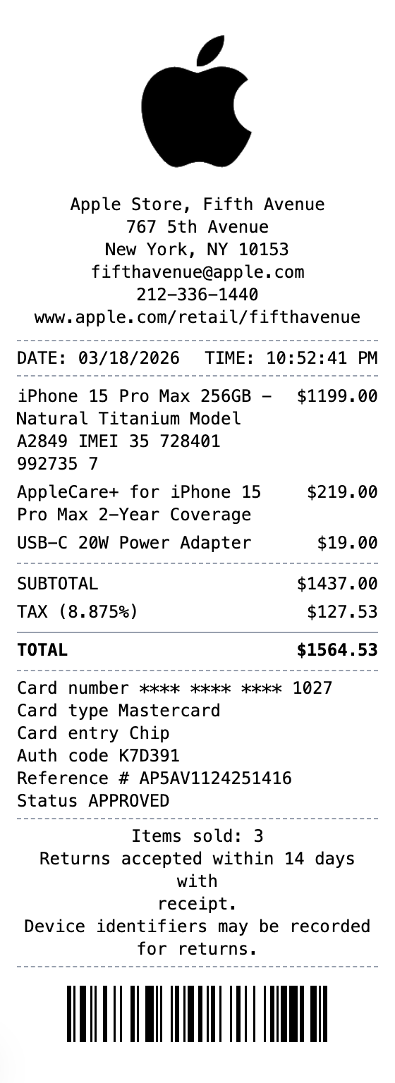 Apple Store Receipt example showing apple format with itemized list, totals, and payment details