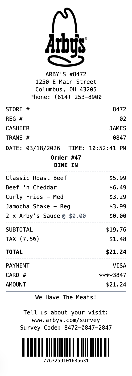 Arby's Receipt example showing arbys format with itemized list, totals, and payment details