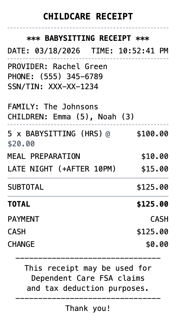 Babysitter Receipt example showing babysitter format with itemized list, totals, and payment details