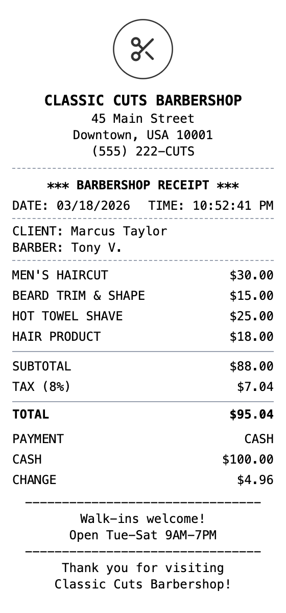 Barber Shop Receipt example showing barber format with itemized list, totals, and payment details